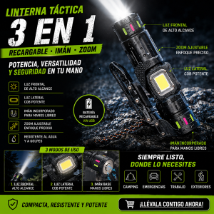 Linterna Táctica 3 en 1 Recargable con Imán y Zoom (12)