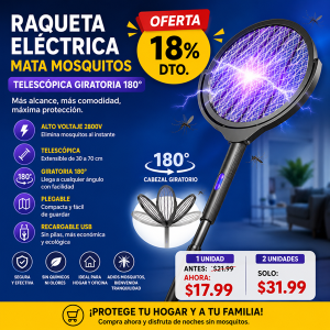 Raqueta Eléctrica Mata Mosquitos Telescópica Giratoria 180° (9)